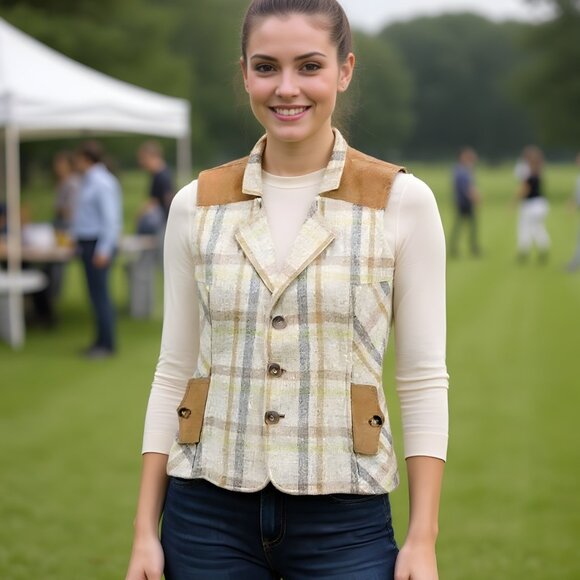 Alvin Valley Plaid Wool Vest with Suede Accents - Picture 1 of 9